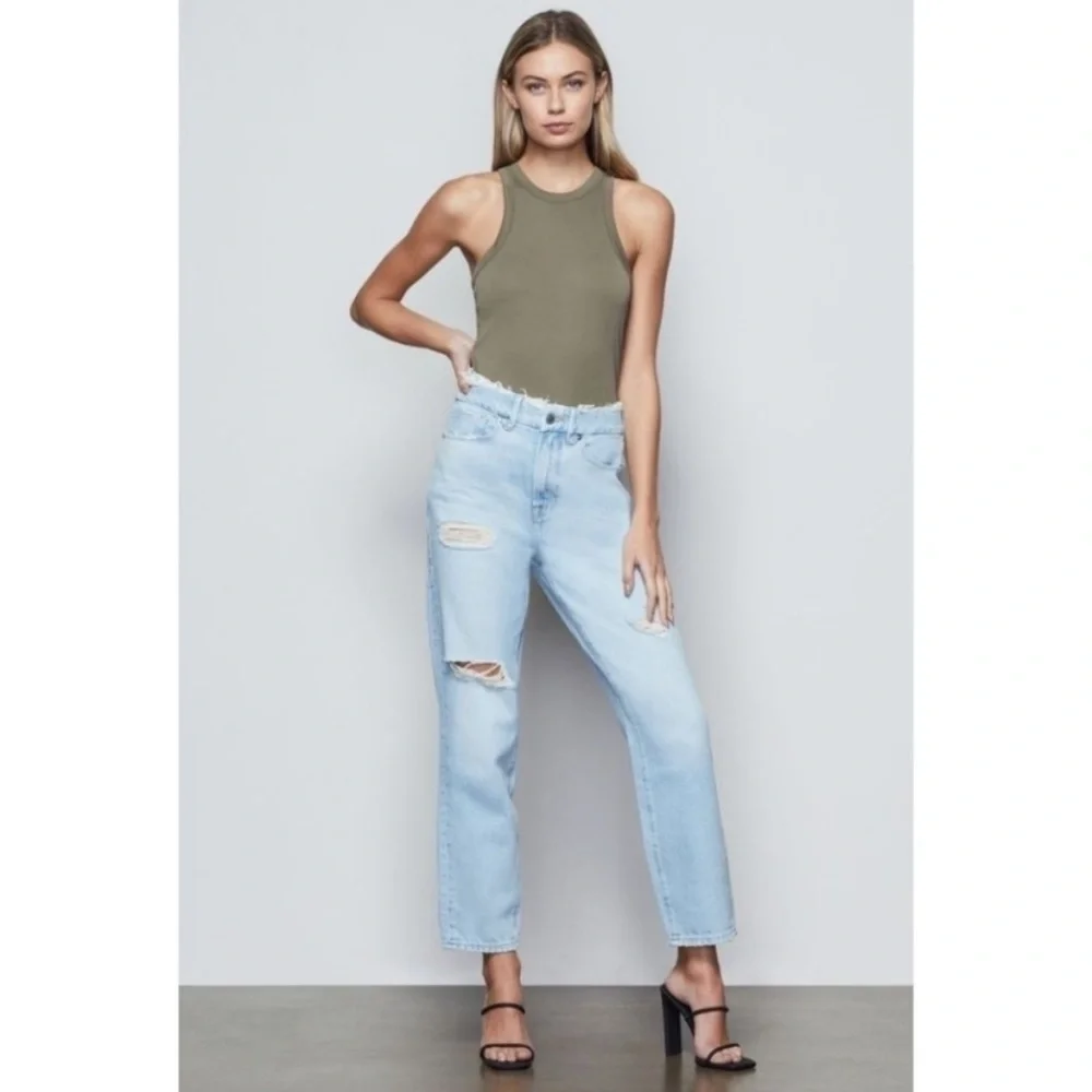 Good American High Rise Light Wash Factory Distressed Women's Blue Jeans…